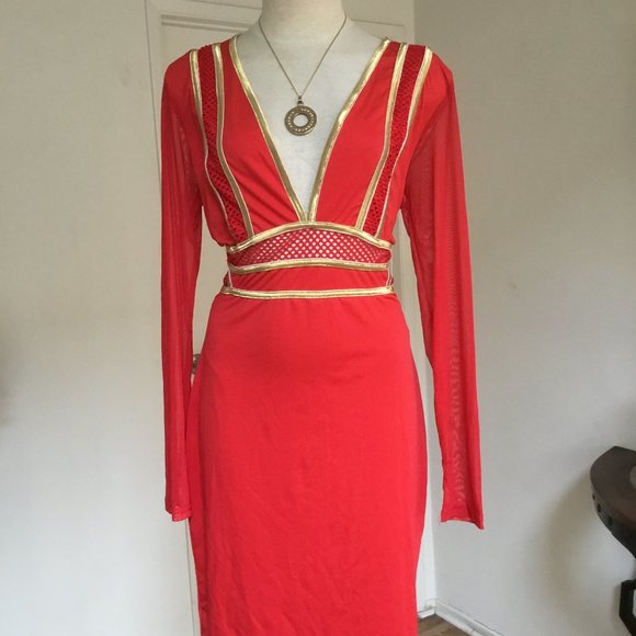 CBR Dresses & Skirts - CBR Pencil Short Dress Mesh Long Sleeve Gold Trim V-Neck  Bodycon Party Red XL
